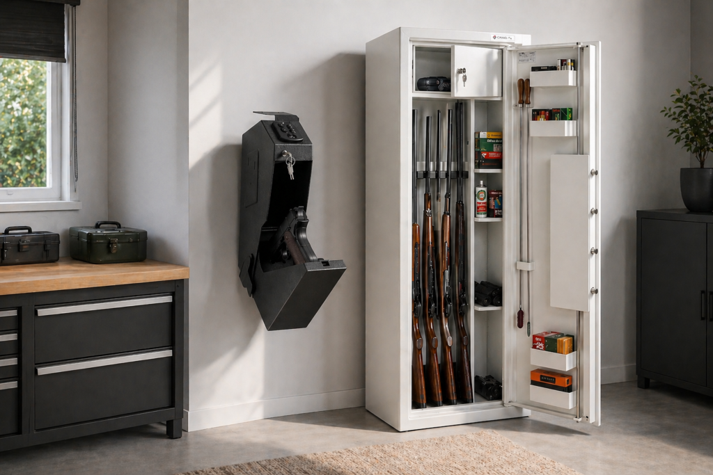 Comment choisir un coffre fort pour armes: comparaison stockage arme de poing dans coffre fort et armes longues dans armoire a fusil