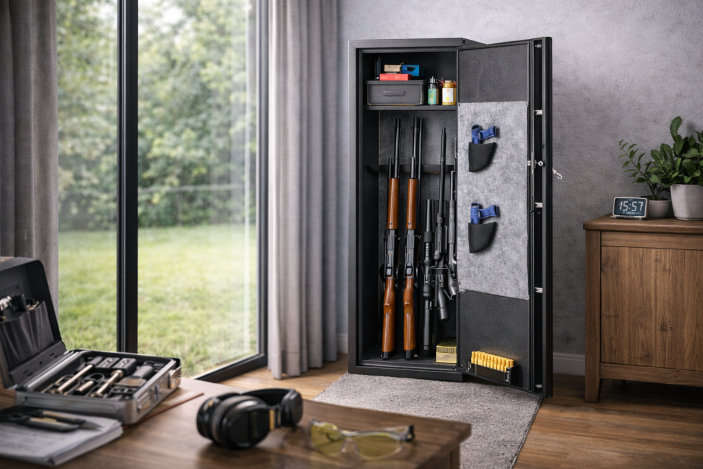 Armoire à fusil ouverte avec plusieurs armes longues stockées en sécurité à domicile