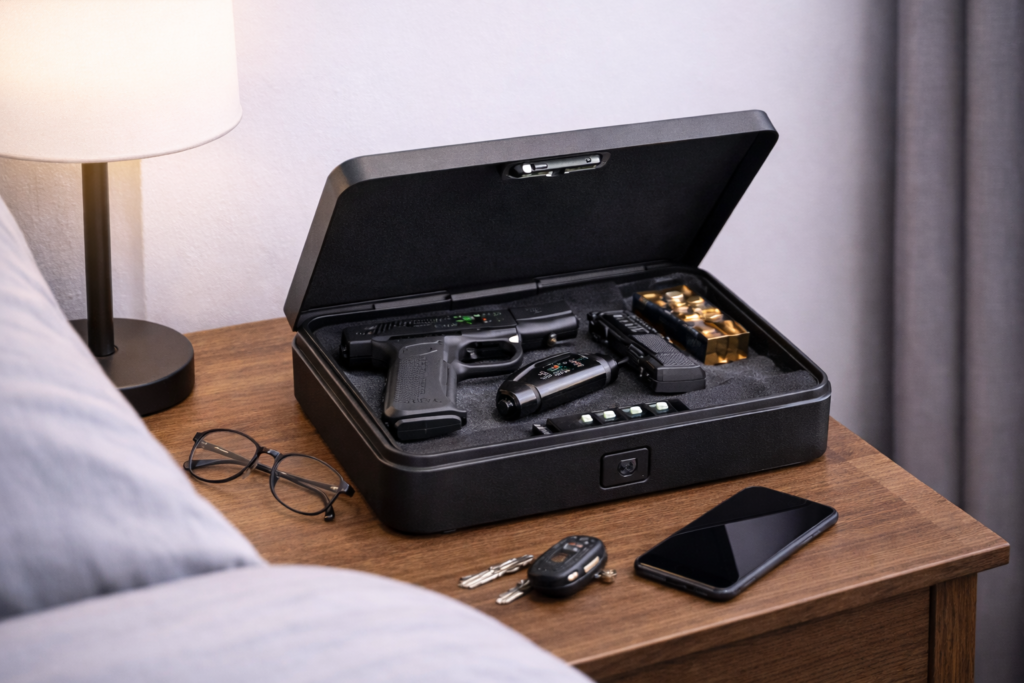 Coffre fort pour arme de poing ouvert sur une table de nuit avec stockage sécurisé à domicile