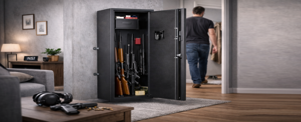 Coffre fort pour armes fixé au mur dans une maison avec stockage sécurisé