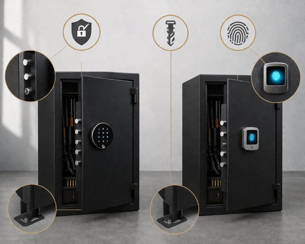 Coffre-fort pour armes avec serrure électronique et biométrique, système de sécurité renforcé et fixation au sol