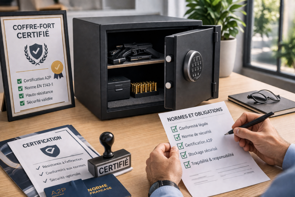Coffre fort pour armes certifié avec norme A2P et EN 14450 garantissant la conformité légale