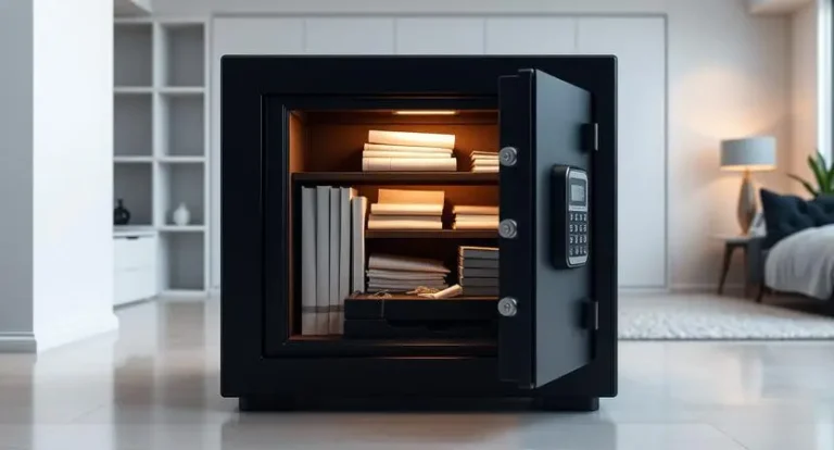 Coffre-fort ouvert dans une maison avec rangement sécurisé de documents et objets de valeur