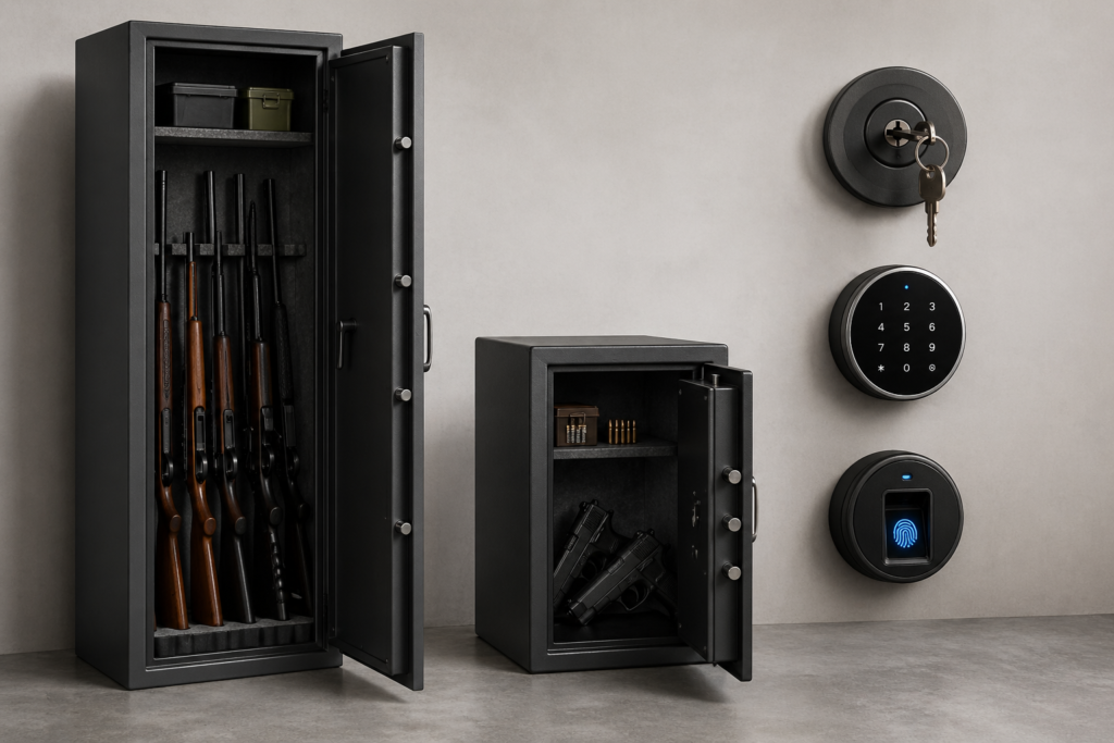 10 erreurs à éviter lors du choix d’un coffre fort pour armes 3 comparaison coffre fort pour armes armoire fusils et coffre pistolet avec systèmes de verrouillage clé code et empreinte digitale