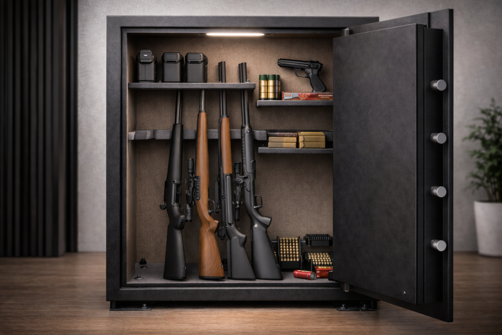 Intérieur d’un coffre-fort pour armes bien organisé avec rangement sécurisé des fusils et des munitions