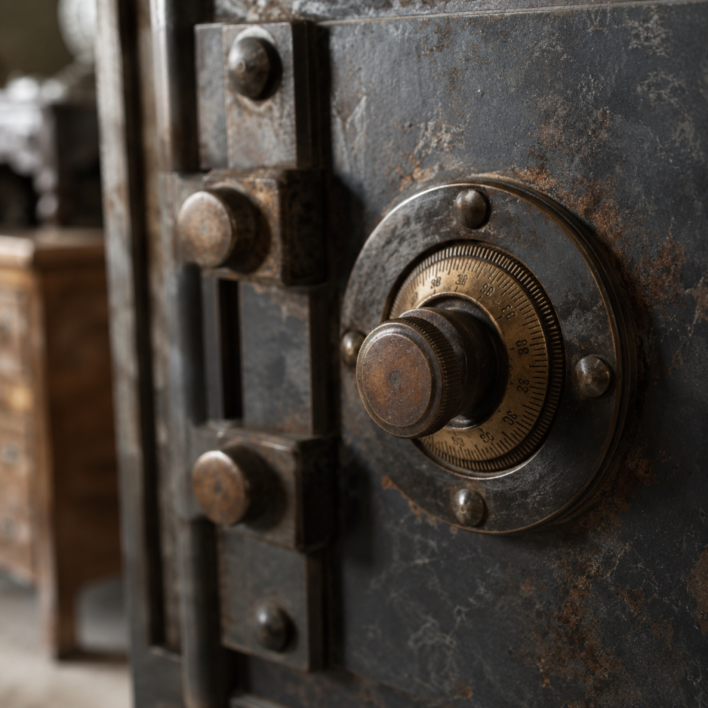 Gros plan sur une serrure de coffre fort ancien bloquée par l’usure et la corrosion