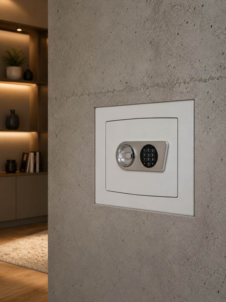 Coffre fort encastrable installé dans un mur en béton