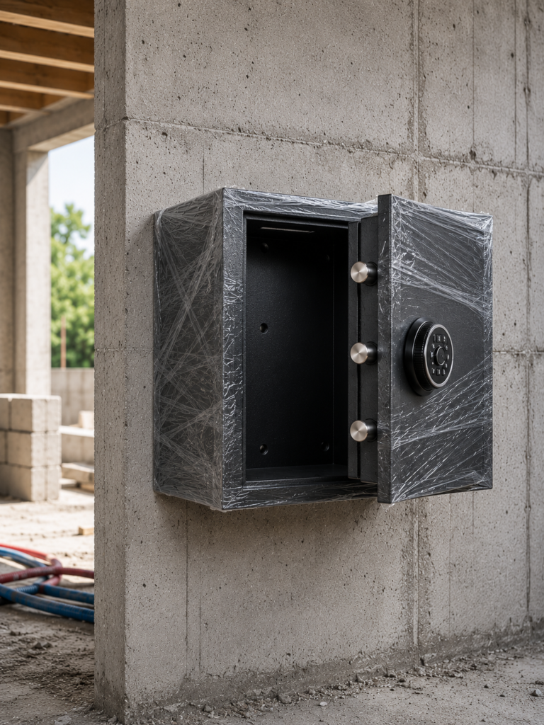 Coffre fort compact fixé sur un mur en béton pendant installation
